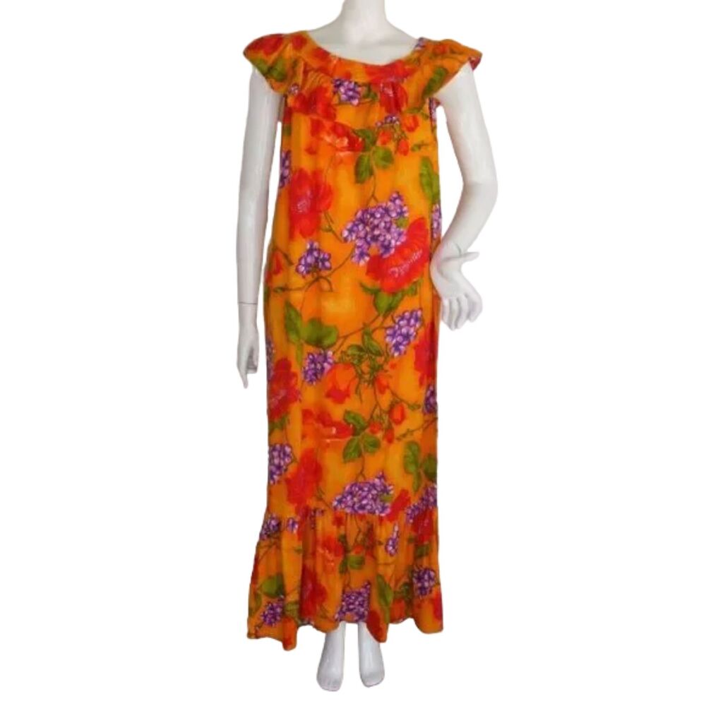 60s Vintage Hawaiian Maxi Dress, M, Yellow-Orange Floral, Ruffle Yoke, Long